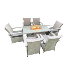 Fimous Outdoor Rattan Garden Furniture Set Patio 6 Chairs Plus Gas Fire Pit Table Sets Light Grey Mixed