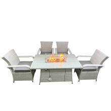 Fimous Outdoor Rattan Garden Furniture Set Patio 4 Chairs Plus Gas Fire Pit Table Sets Light Grey Mixed