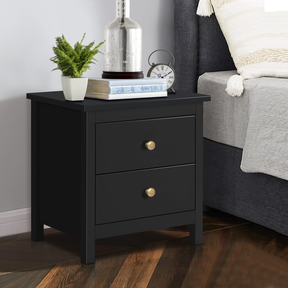 ELFORDSON Bedside Table Hamptons Nightstand Storage Side End 2 Drawers Black