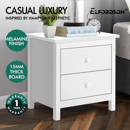 ELFORDSON ELFORDSON Bedside Table Hamptons Nightstand Storage Side End 2 Drawers White 1