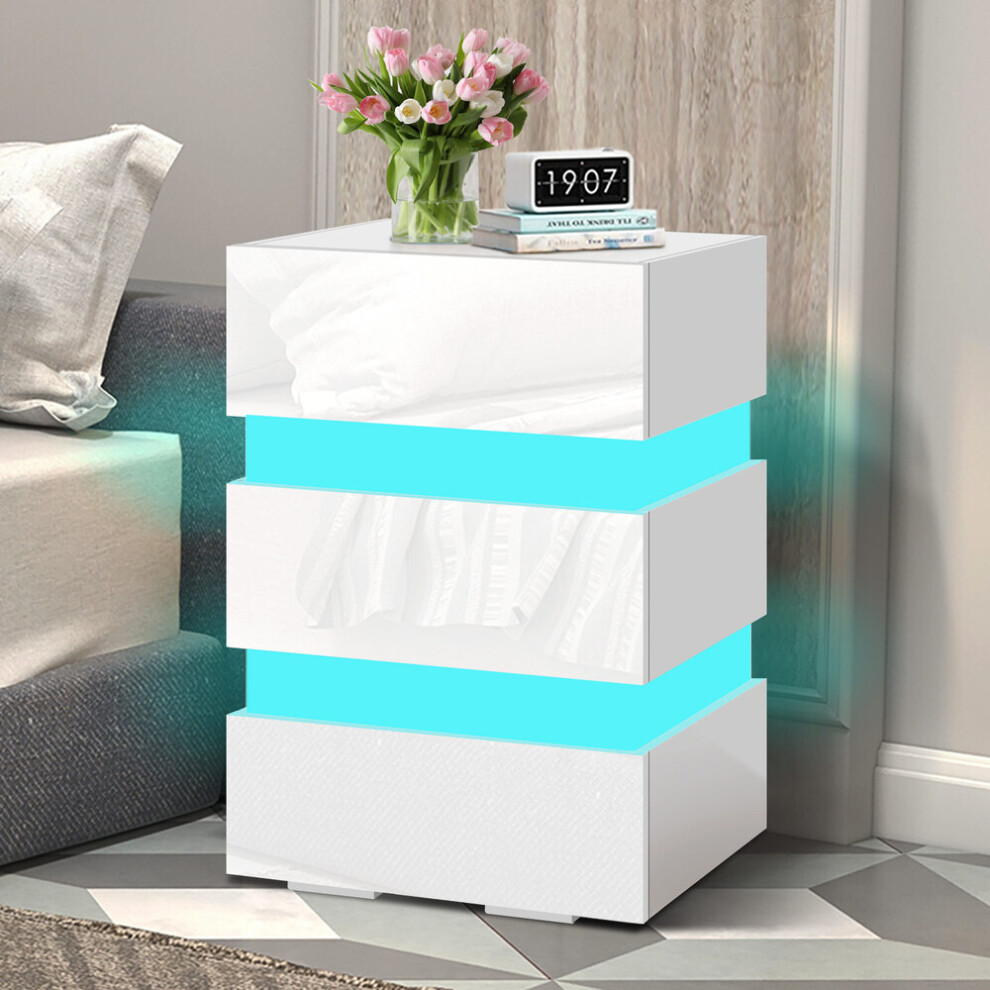 ELFORDSON Bedside Table RGB LED Nightstand 3 Drawers 4 Side High Gloss White