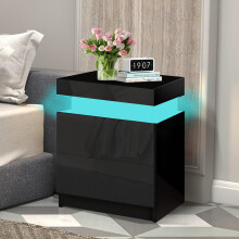 ELFORDSON Bedside Table RGB LED Nightstand 2 Drawers 4 Side High Gloss Black
