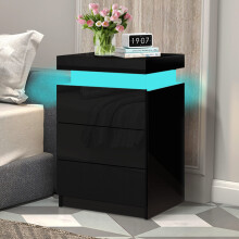 ELFORDSON Bedside Table RGB LED Nightstand 3 Drawers 4 Side High Gloss Black