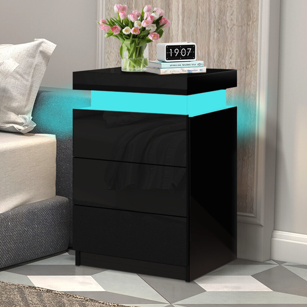 ELFORDSON Bedside Table RGB LED Nightstand 3 Drawers 4 Side High Gloss Black
