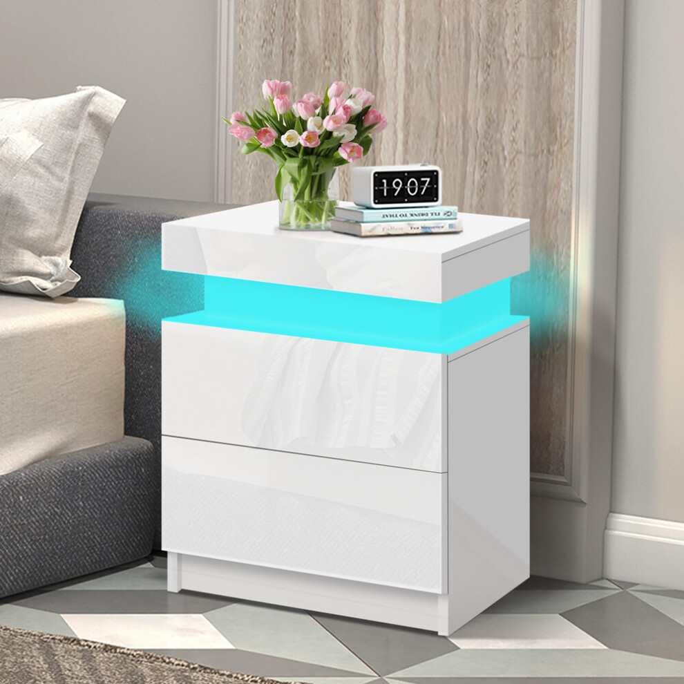 ELFORDSON Bedside Table RGB LED Nightstand 2 Drawers 4 Side High Gloss White