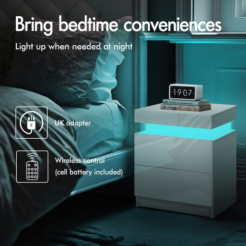 ELFORDSON ELFORDSON Bedside Table RGB LED Nightstand 2 Drawers 4 Side High Gloss White 2