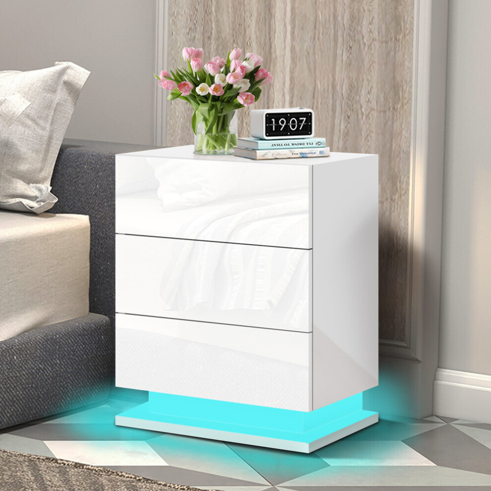ELFORDSON Bedside Table RGB LED Nightstand 3 Drawers 4 Side High Gloss White