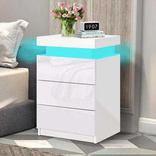 ELFORDSON ELFORDSON Bedside Table RGB LED Nightstand 3 Drawers 4 Side High Gloss White
