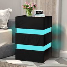 ELFORDSON Bedside Table RGB LED Nightstand 3 Drawers 4 Side High Gloss Black