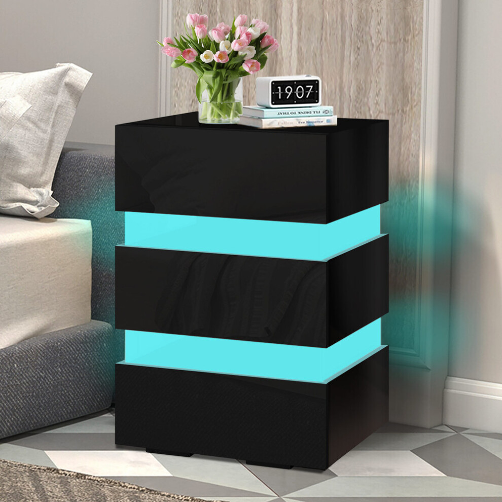 ELFORDSON Bedside Table RGB LED Nightstand 3 Drawers 4 Side High Gloss Black