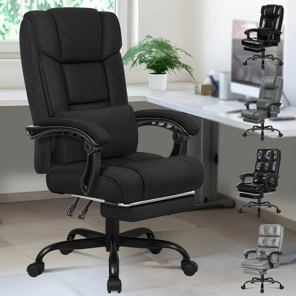 ELFORDSON Office Chair with XL Lumbar Cushion Fabric Linen, Black