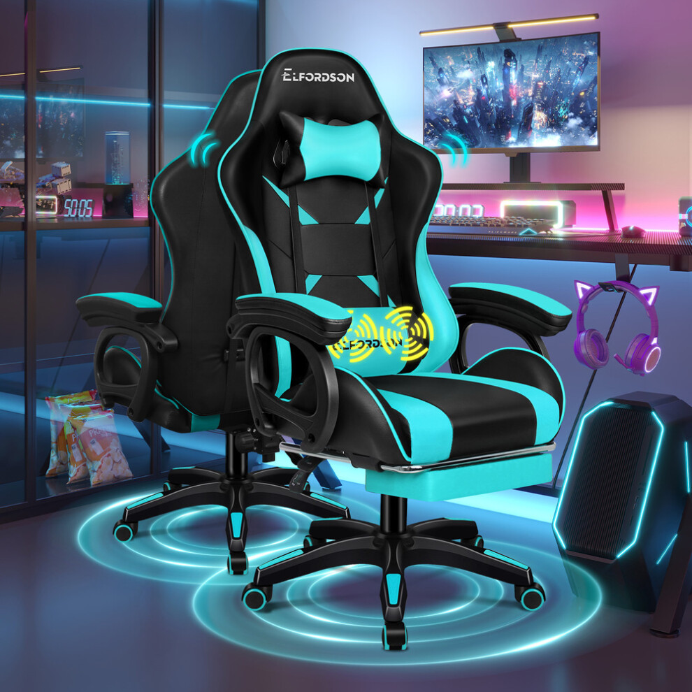 ELFORDSON Gaming Office Chair Racing Massage Computer Seat Footrest Leather Cyan