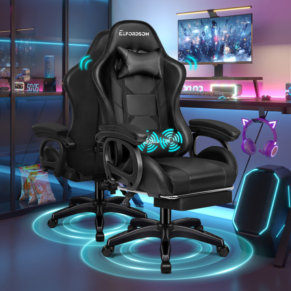 ELFORDSON Gaming Office Chair Racing Massage Computer Seat Footrest Leather Black
