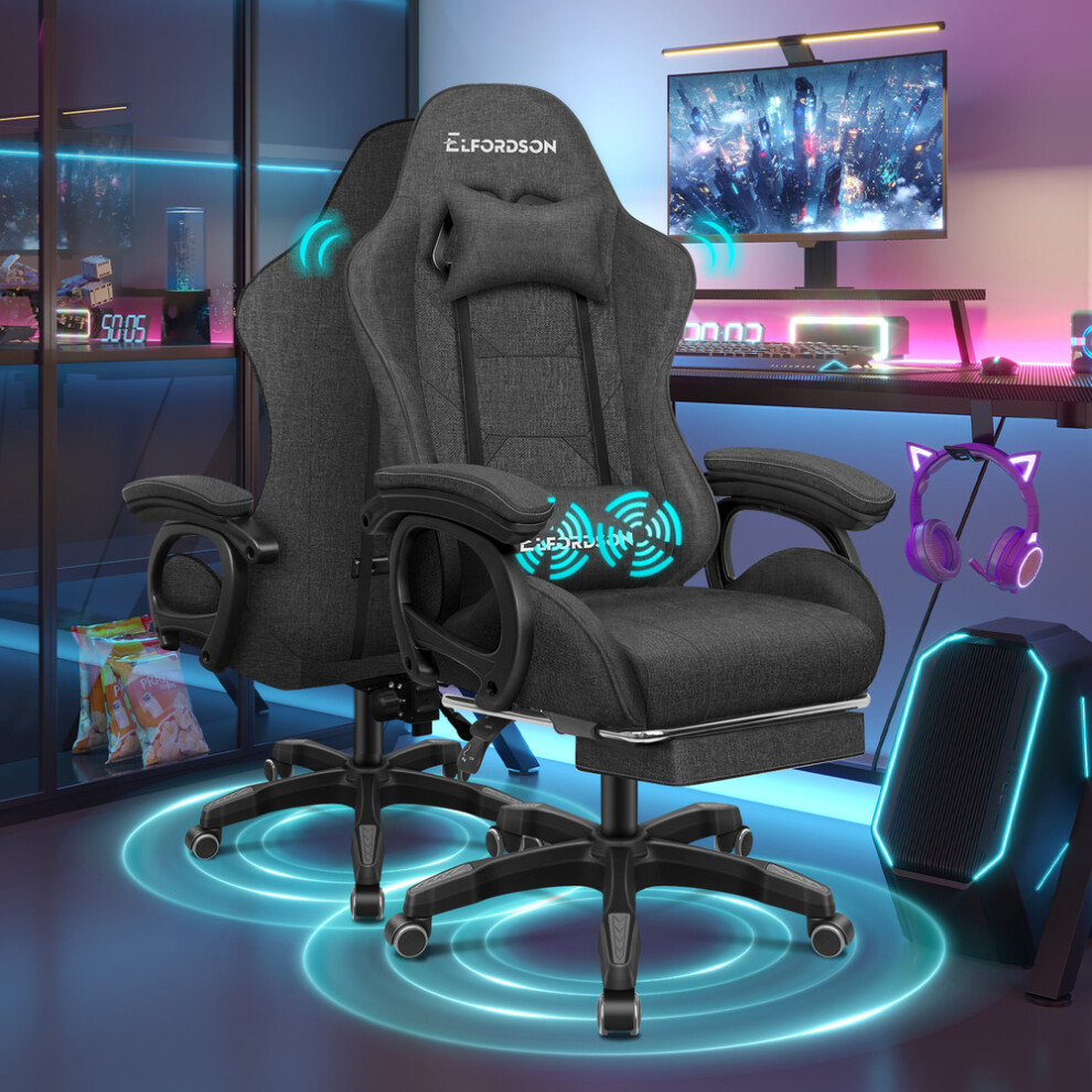 ELFORDSON Gaming Office Chair Racing Massage Footrest Fabric Grey