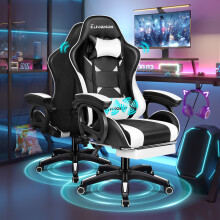 Elfordson Xavier Gaming Chair - 150 Recline, 2-Point Massage (5 Modes), Retractable Footrest, PU Leather, White/Black