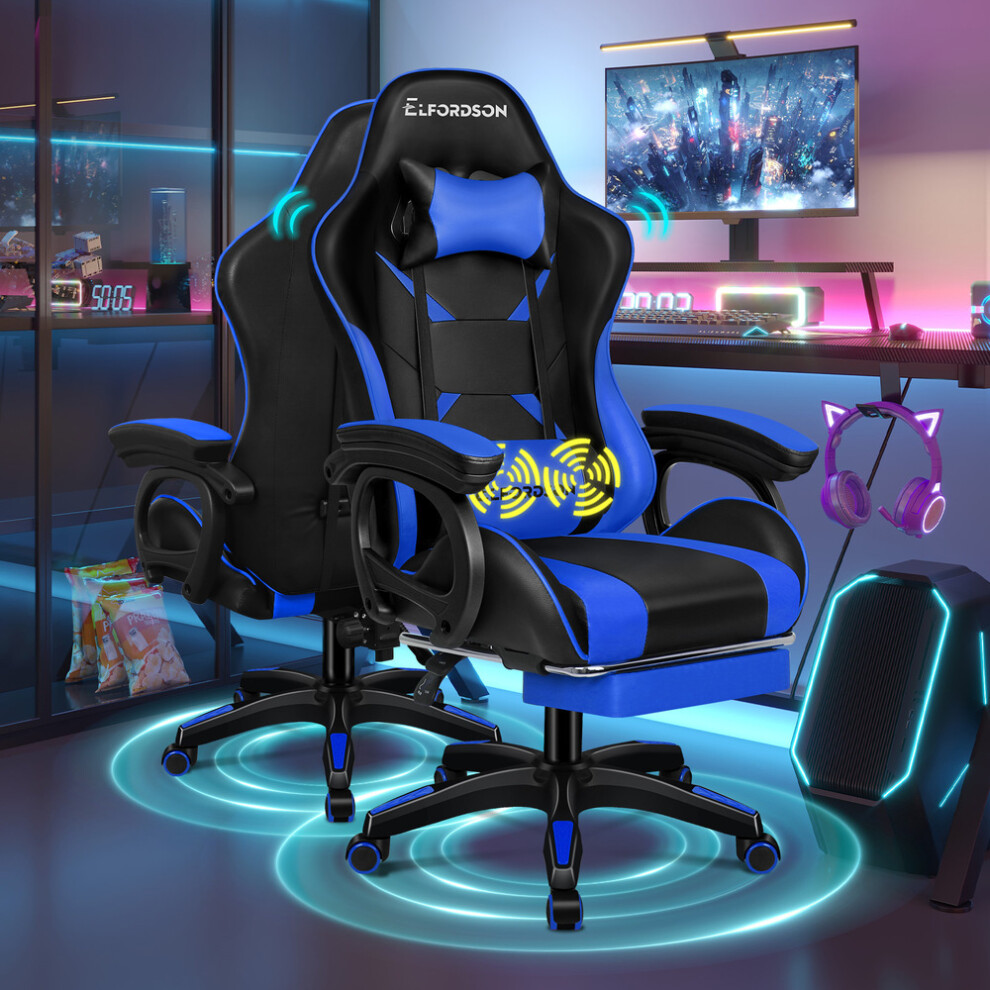 ELFORDSON Gaming Office Chair Racing Massage Computer Seat Footrest Leather Blue
