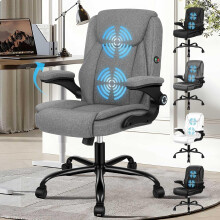 ELFORDSON Massage Executive Office Chair, Mid-back Comfy Desk Chair with 90° Flip-up Armrests, Adjustable Height, Swivel, PU Leather, Fabric Grey