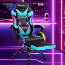ELFORDSON Gaming Chair with 12-LED RGB Lighting, 8-Point Massage, 150 Recline, Removable Head & Lumbar Cushions, PU Leather Cyan