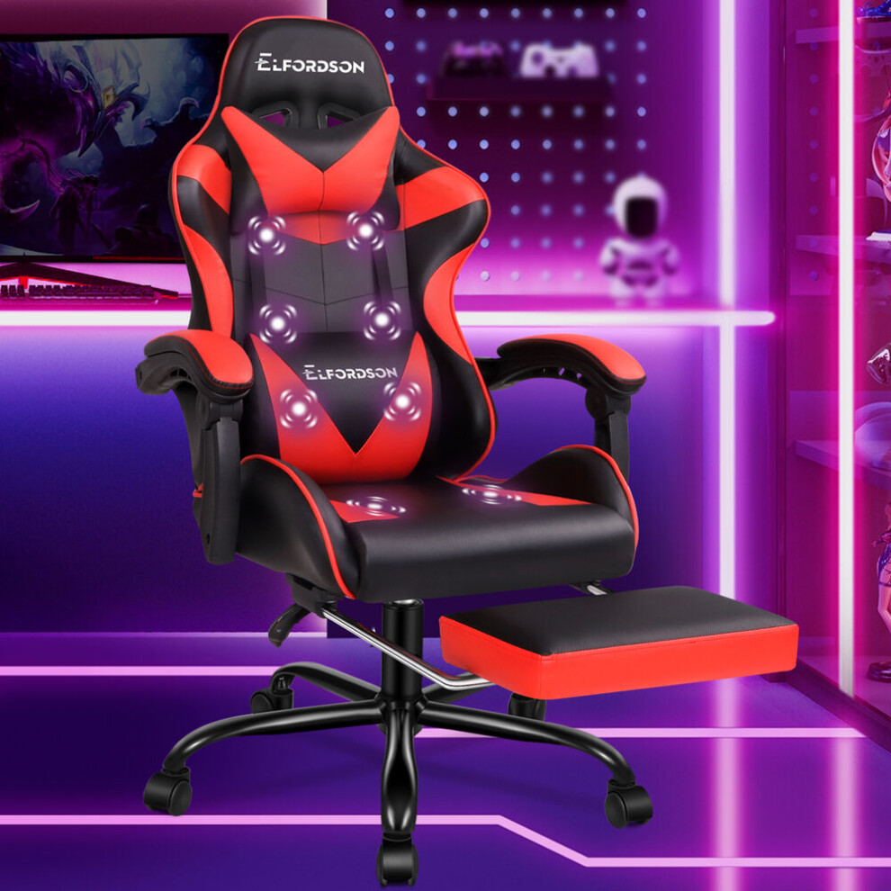 ELFORDSON Gaming Chair Office Massage Computer Racing Seat PU Leather Red