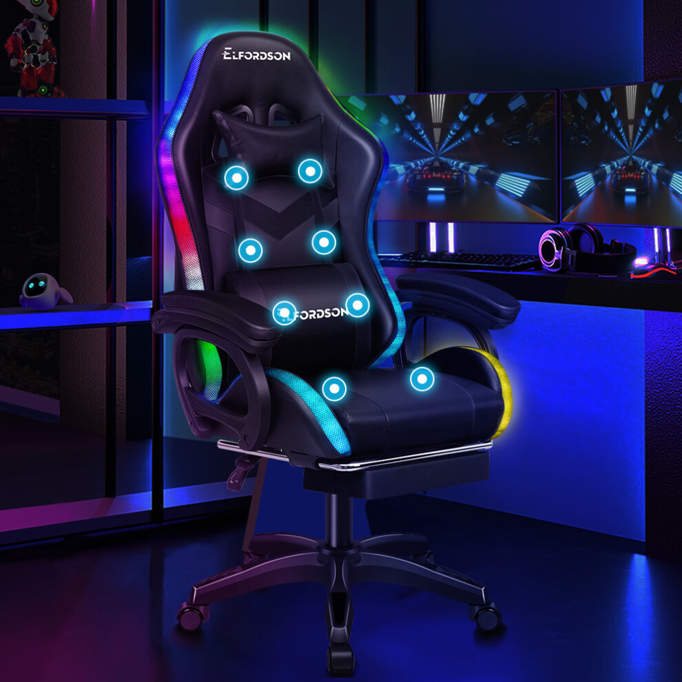 ELFORDSON Gaming Office Chair 12 RGB LED Massage Computer Seat Footrest Black