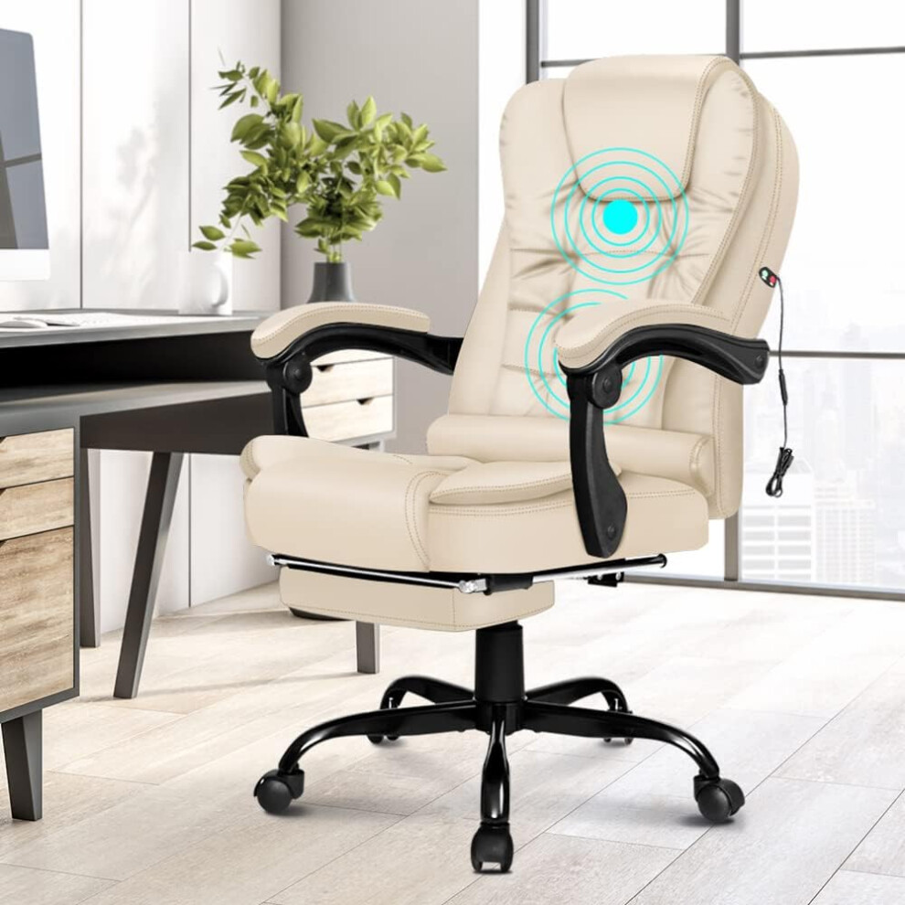 ELFORDSON Massage Office Chair with Footrest PU Leather Cream