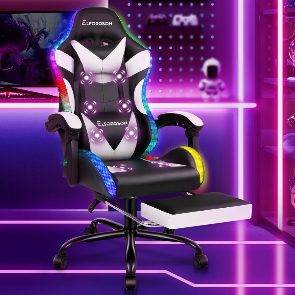 ELFORDSON Gaming Chair Office Massage 12 RGB LED Computer Seat PU Leather White-image-OPC-PGJ9P6R-NEW