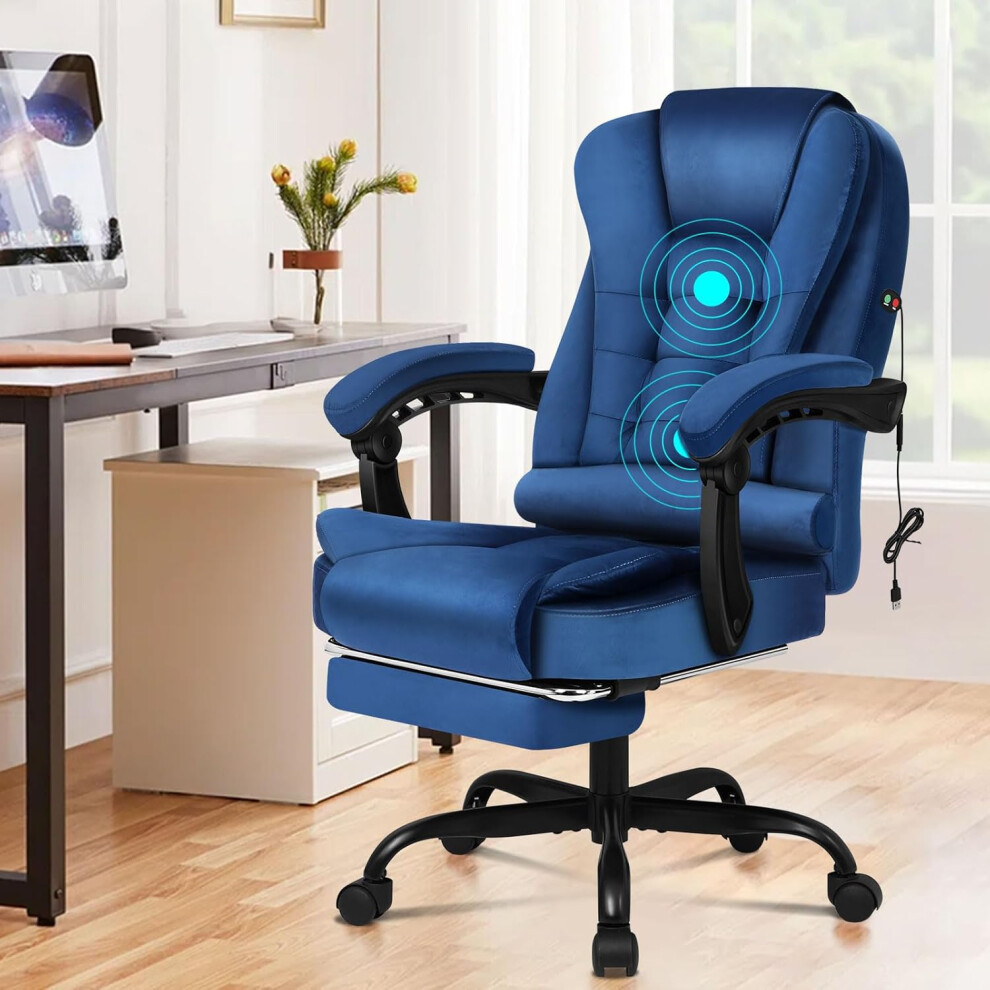 ELFORDSON Massage Office Chair with Footrest Executive Gaming Seat Velvet Blue