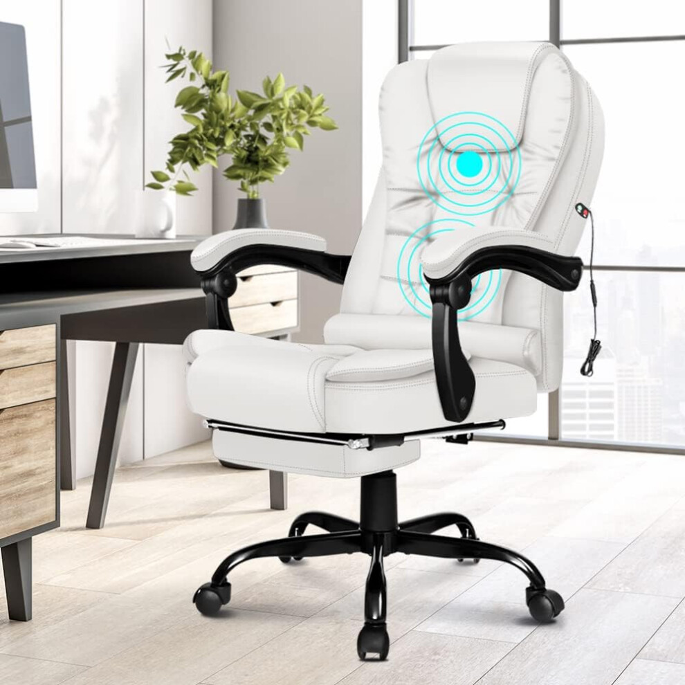 ELFORDSON Massage Office Chair Footrest Gaming Seat PU Leather WHITE
