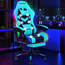 ELFORDSON Gaming Office Chair 12 RGB LED Massage Computer Seat Footrest Cyan