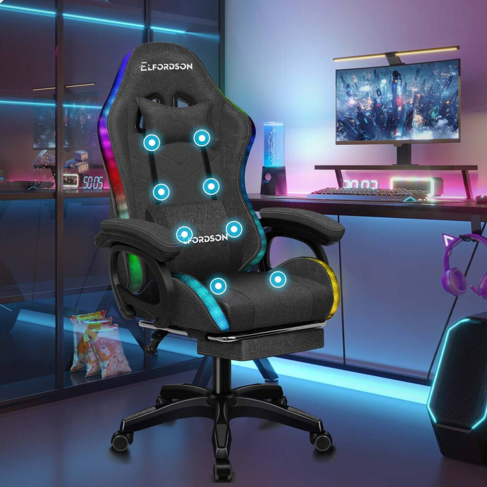 ELFORDSON Gaming Office Chair 12 RGB LED Massage Footrest Fabric Grey