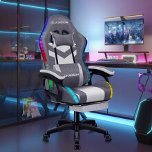 ELFORDSON Gaming Office Chair 12 RGB LED Massage Footrest Fabric Light Grey