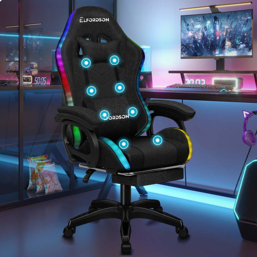 ELFORDSON Gaming Office Chair 12 RGB LED Massage Footrest Fabric Black