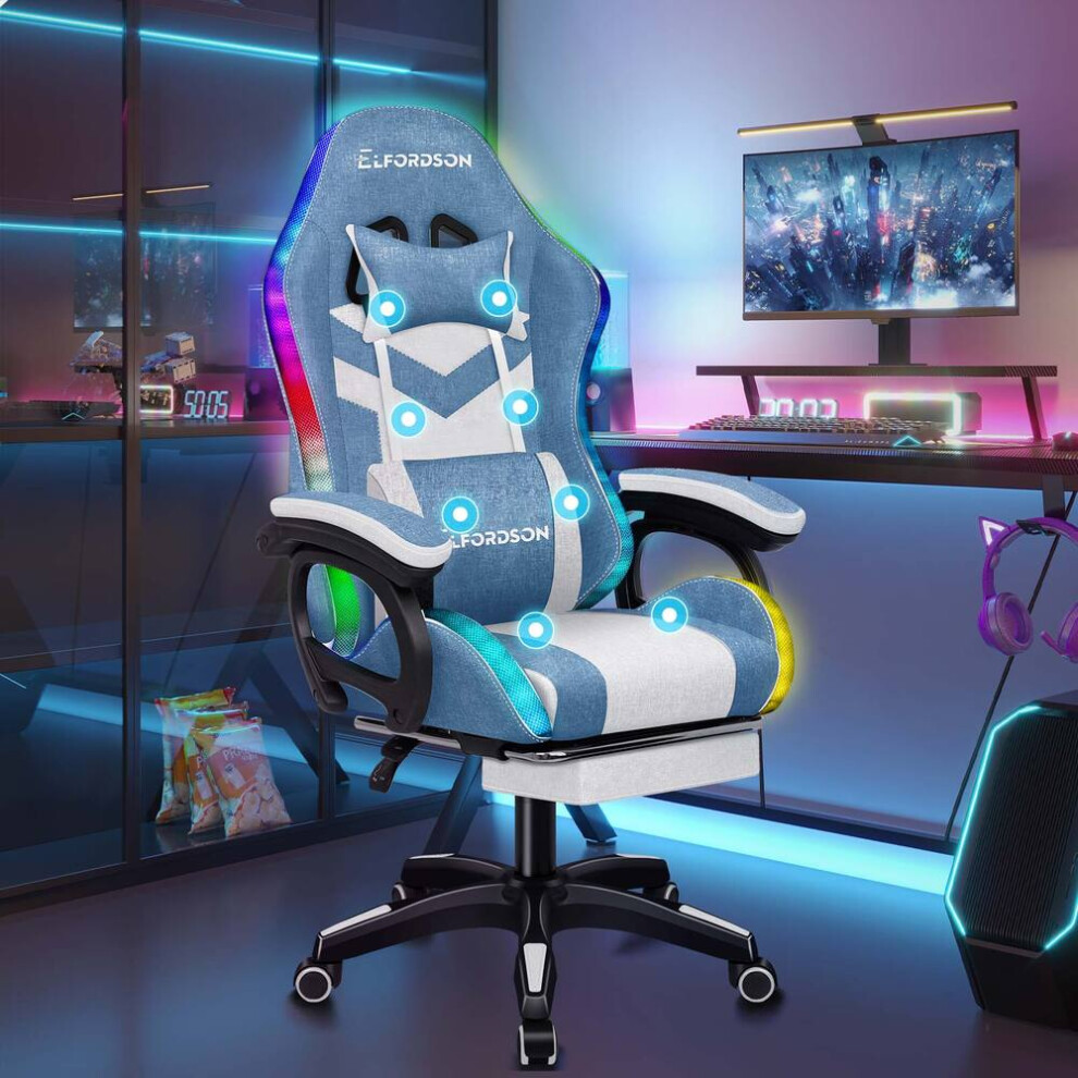 ELFORDSON Gaming Office Chair 12 RGB LED Massage Footrest Fabric Blue