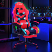 ELFORDSON Gaming Office Chair 12 RGB LED Massage Computer Seat Footrest Red