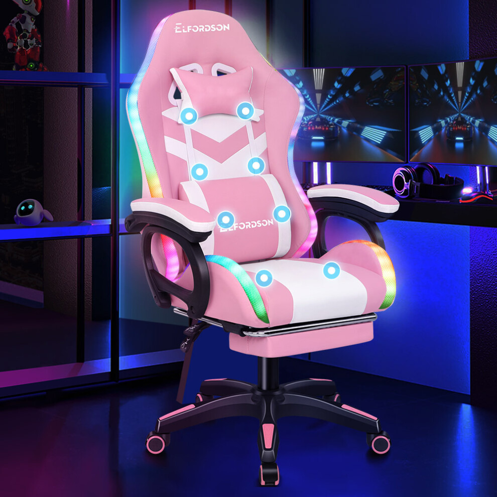 ELFORDSON Gaming Office Chair 12 RGB LED Massage Computer Seat Footrest Pink