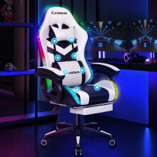 ELFORDSON Gaming Office Chair 12 RGB LED Massage Computer Seat Footrest White