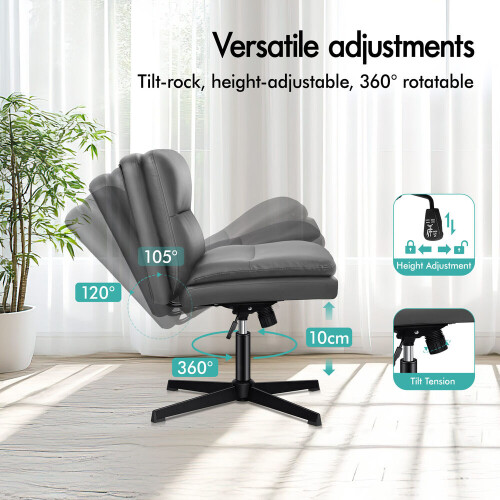 ELFORDSON ELFORDSON Office Chair Computer Cross-legged Seat Work Ottoman PU Leather Grey 2