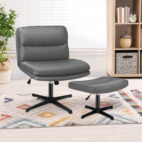 ELFORDSON ELFORDSON Office Chair Computer Cross-legged Seat Work Ottoman PU Leather Grey