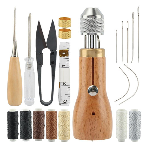 Sewing Awl Kit,Straight Bent Needles Rolls Waxed Threads Screwdriver