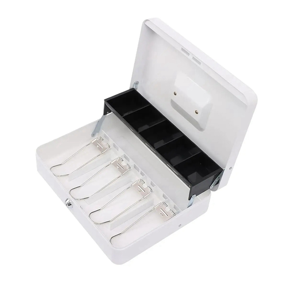 Caisse enregistreuse en métal avec serrure à clé - Boîte de rangement portable pour billets blanche