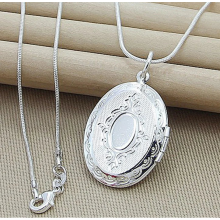 (70cm) 925 Sterling Silver Oval Round Photo Frame Pendant Womens Necklace