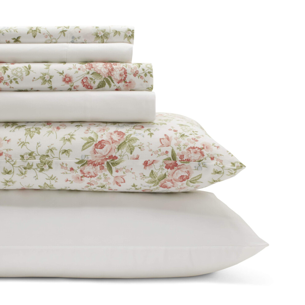Laura Ashley - Parure de lit 6 pi   ces en percale de coton pour lit king size, d   coration d'int   rieur impeccable et tendance (Marissa Coral King)