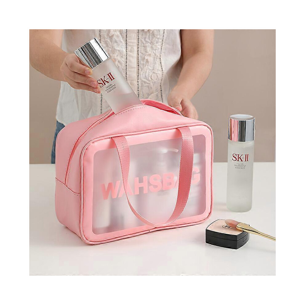 Pink Large Capacity Transparent Pu Waterproof Portable Cosmetic Bag With Trumpet - Travel And Toiletries Storage Bag