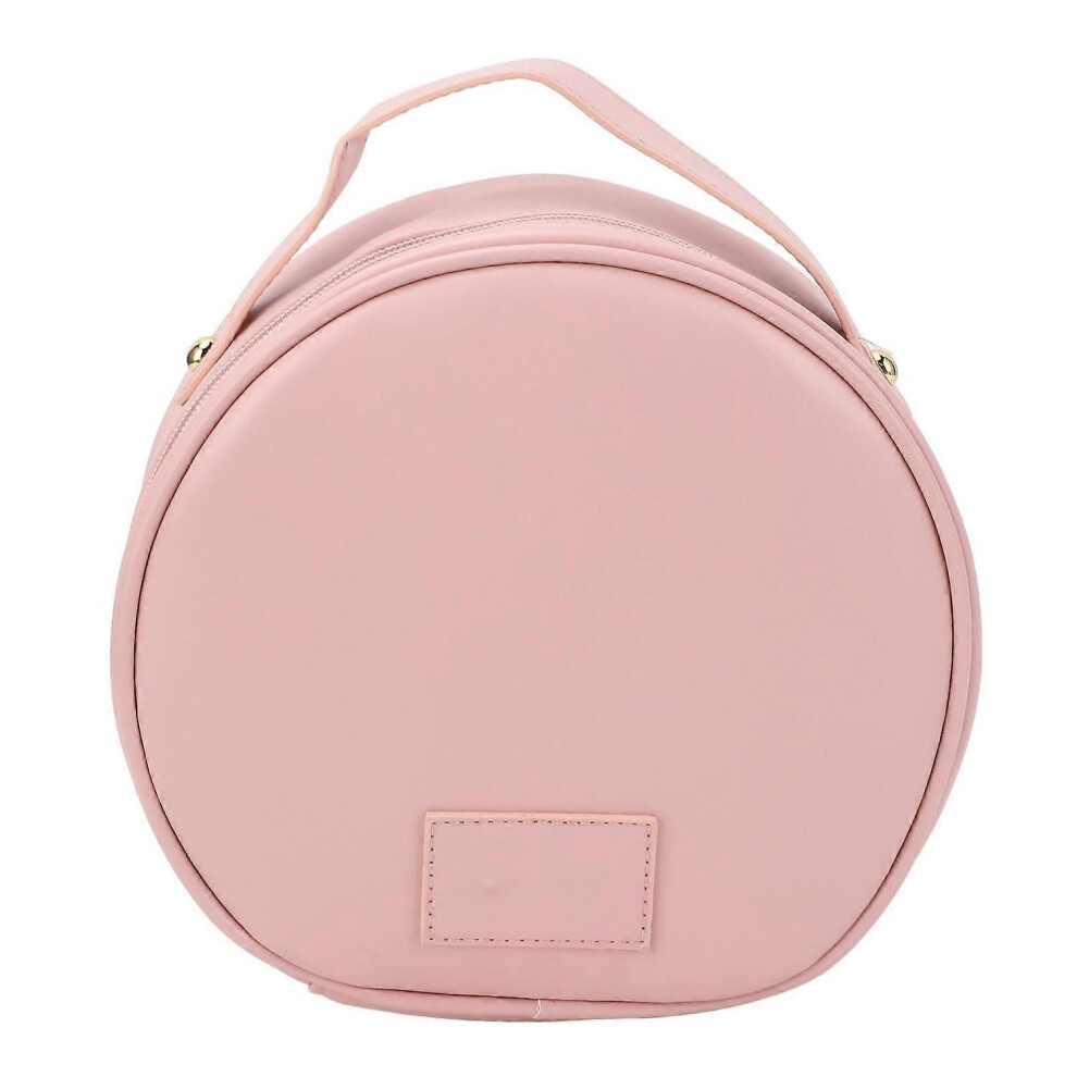 Pink Pu Makeup Bag Portable Travel Organizer Round Shaped Water Proof Portable Handle Cosmetic Case