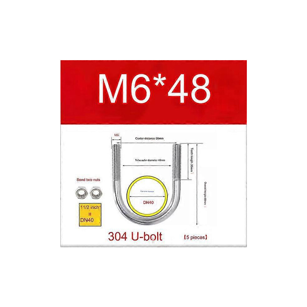 (M6 X 48Mm) Set Of 5 Bolt With Universal U-Shaped Bracket Round Zinc-Plated Steel Fixing Flange For Pipes Tube Clamping Collar Support Interior Exteri 5415817842852