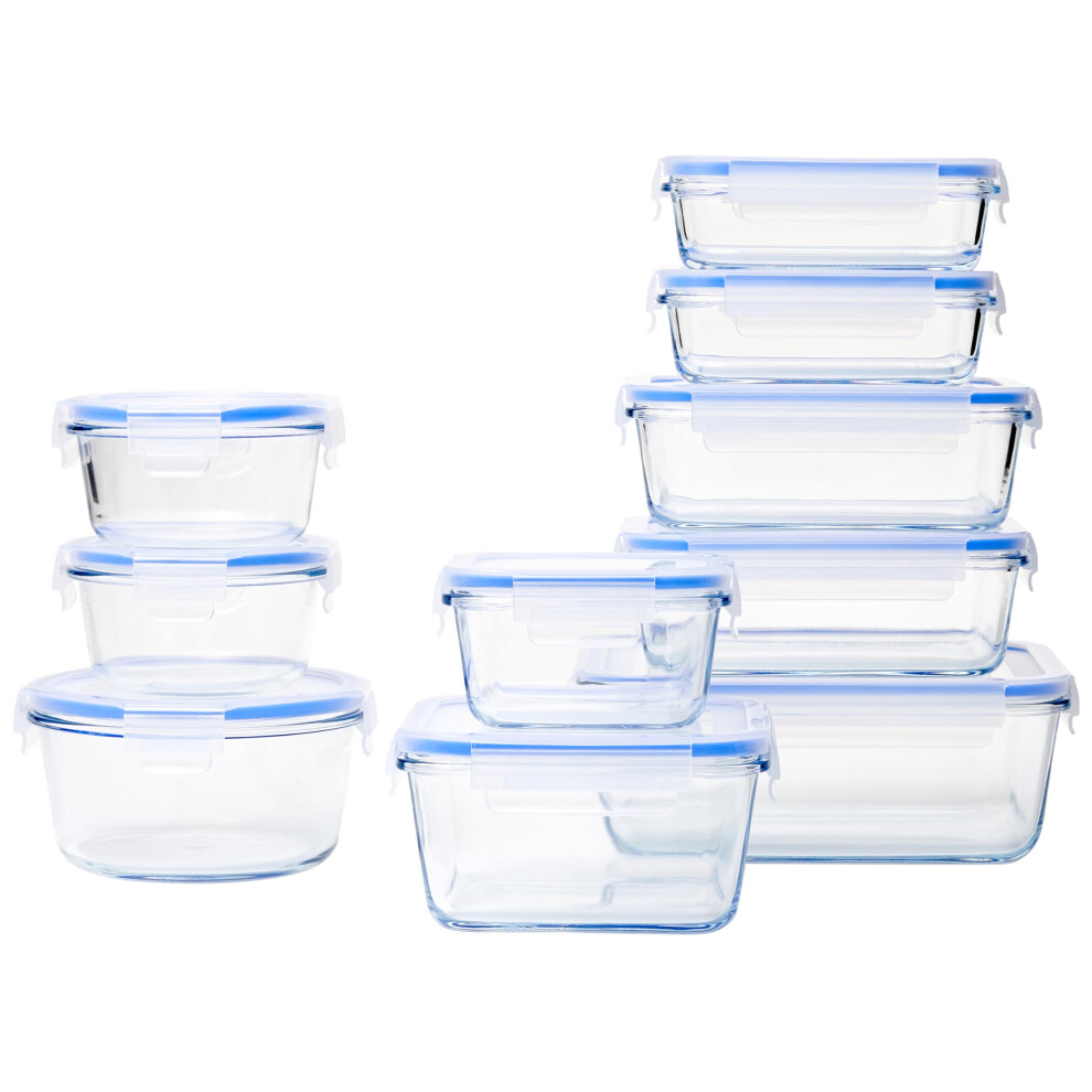 Amazon Basics 20Piece Glass Food Storage Containers  10 Count of Bases and Plastic Lids  Transparent  Blue