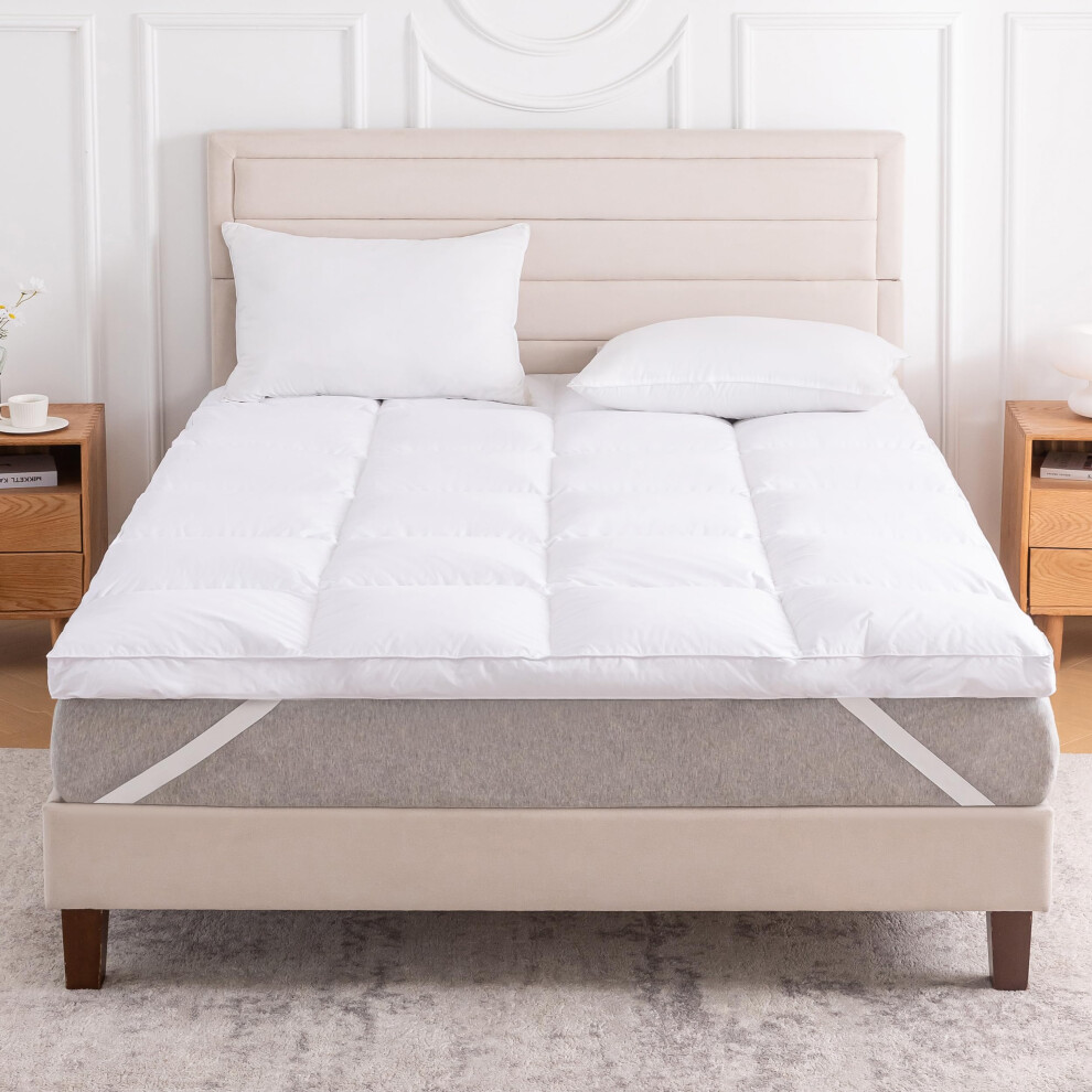 LeWinBedding 3 Inch White Goose Feather Mattress Topper Queen Feather Bed Topper Mattress Cover with Straps Ultra Soft Pillowtop 100% Organic Cot