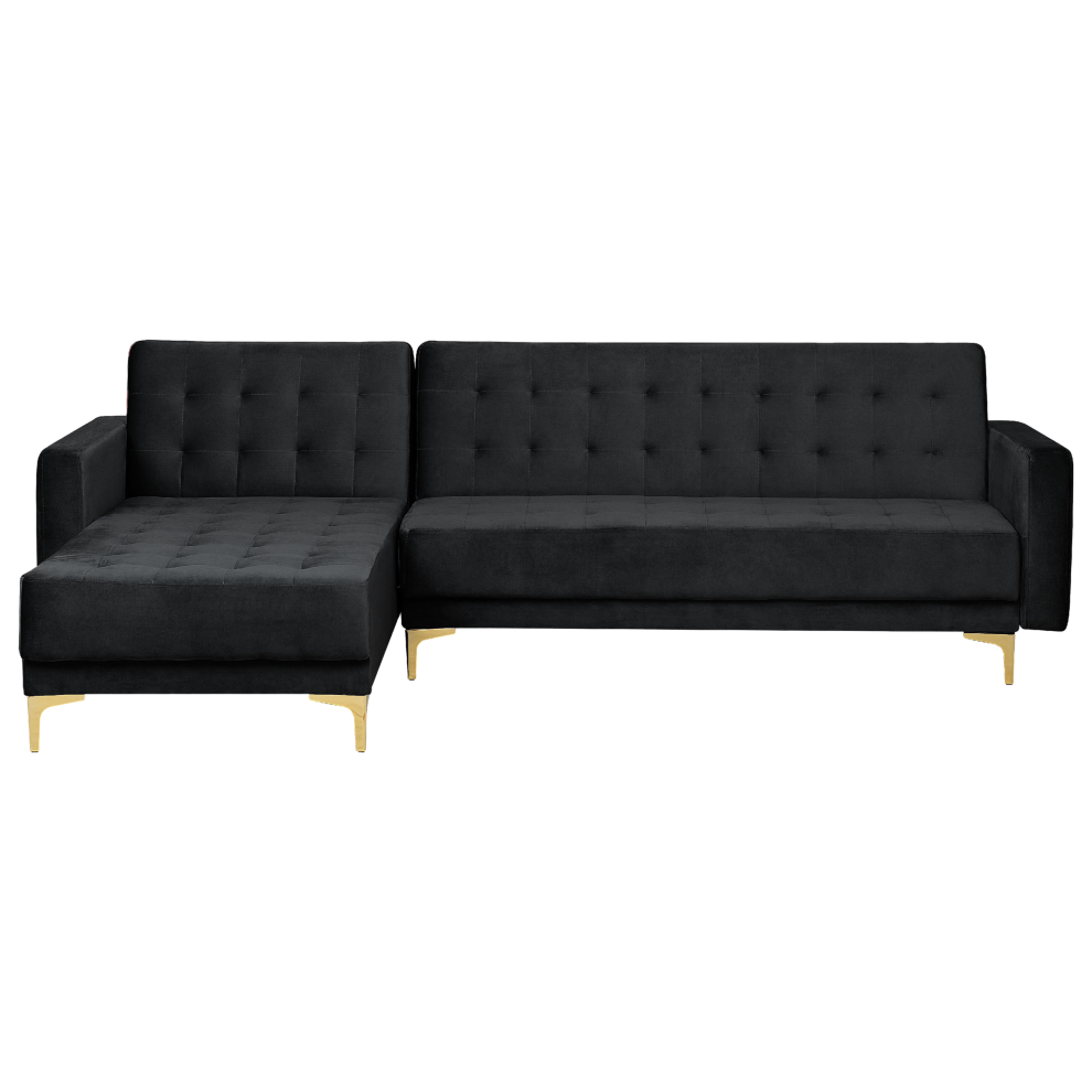 Right Hand Velvet Corner Sofa With Gold Legs Black ABERDEEN
