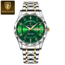 (Gold Green) Mens Quartz Watch Stainless Steel Waterproof Luminous