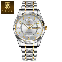 (Gold White) Mens Quartz Watch Stainless Steel Waterproof Luminous